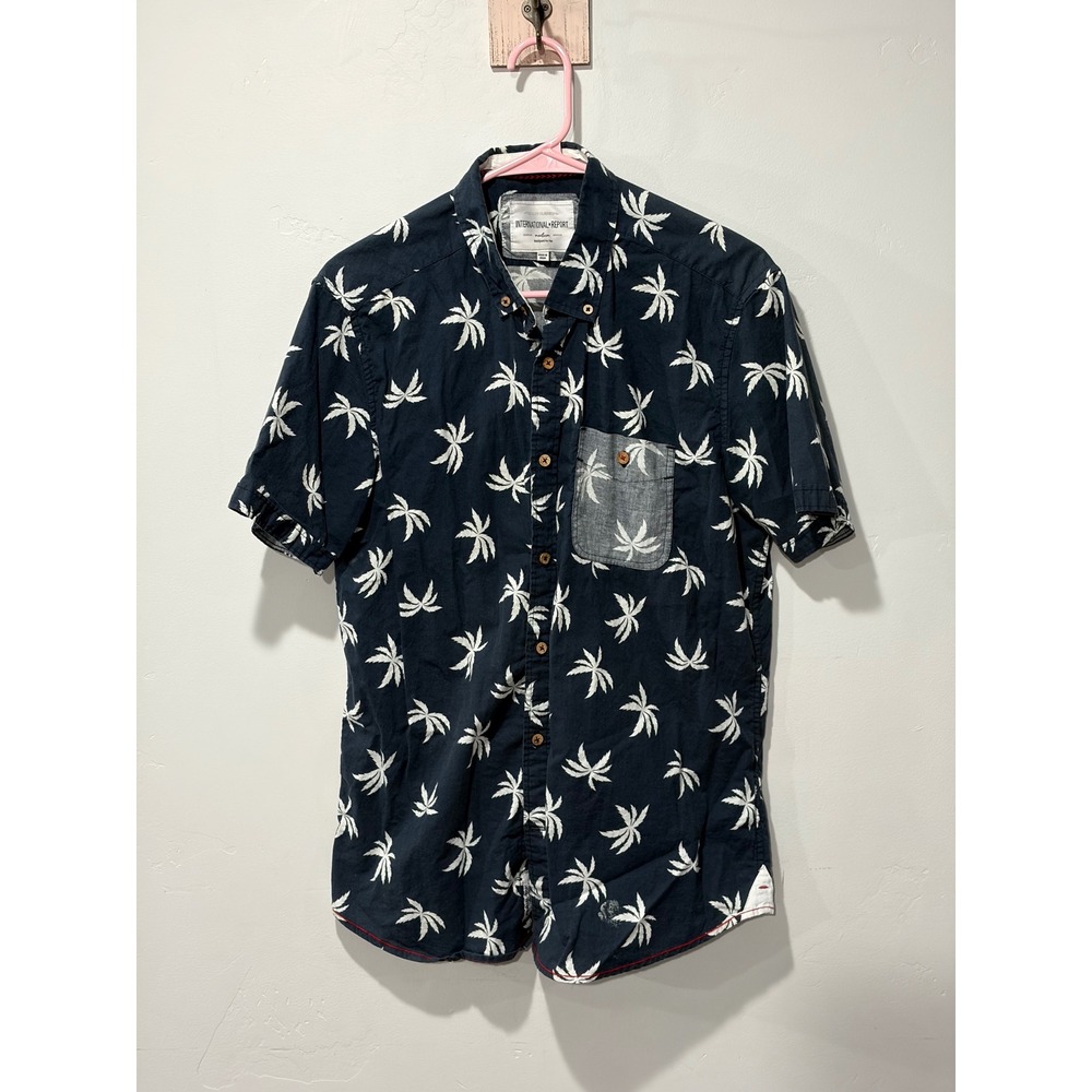 International Report Mens Navy Blue Palm Leaf Print Short Sleeve Button Down M